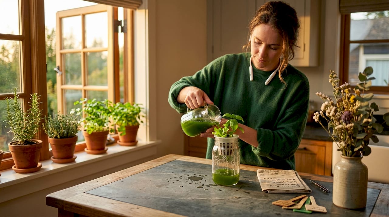 Home hydroponic setup on kitchen counter