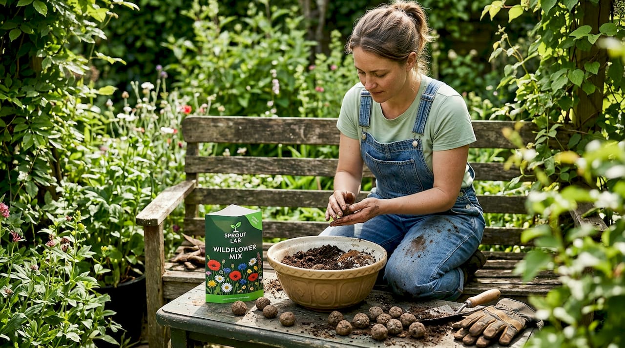 Person making wildflower seed balls on patio
