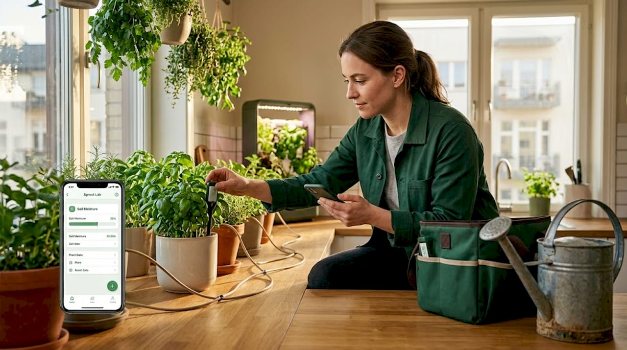 Urban gardener checking smart sensors on balcony