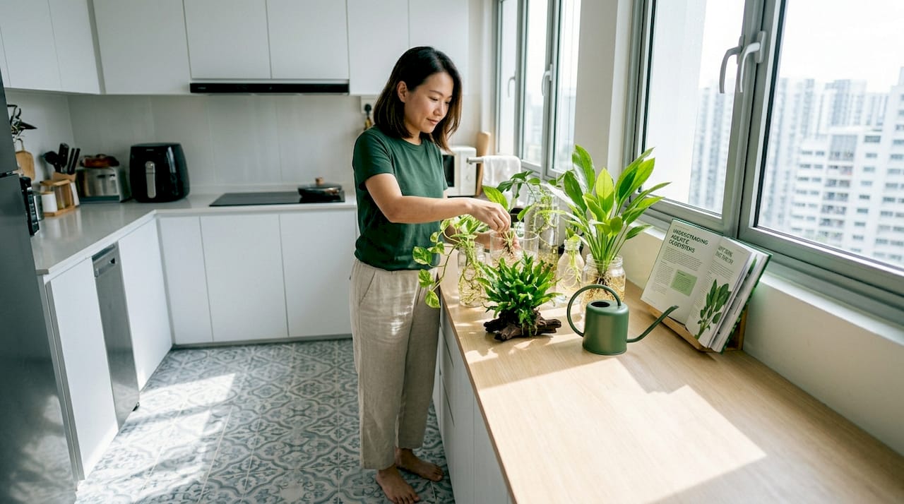 Person tending water plants by sunny Singapore window