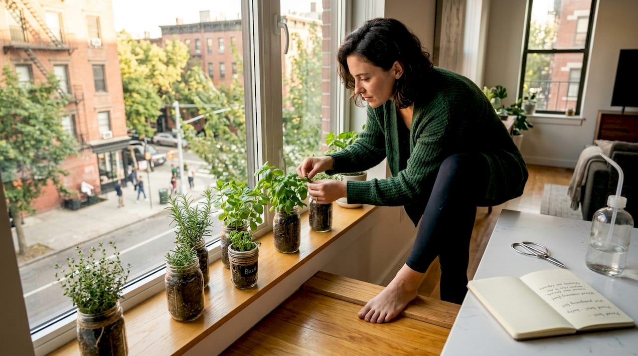 Woman monitoring indoor plants in city apartment