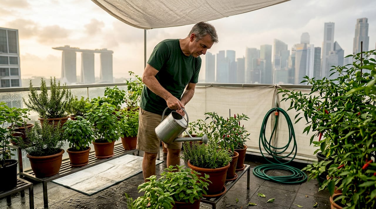 Urban gardener watering plants on Singapore balcony
