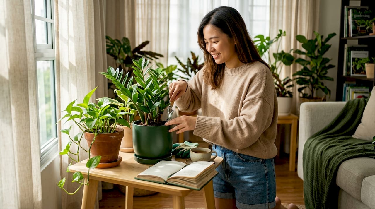 Woman arranges plants in HDB living room