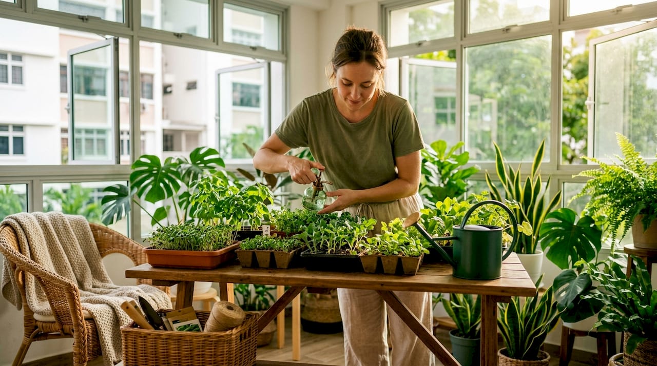 Woman caring for indoor garden in Singapore
