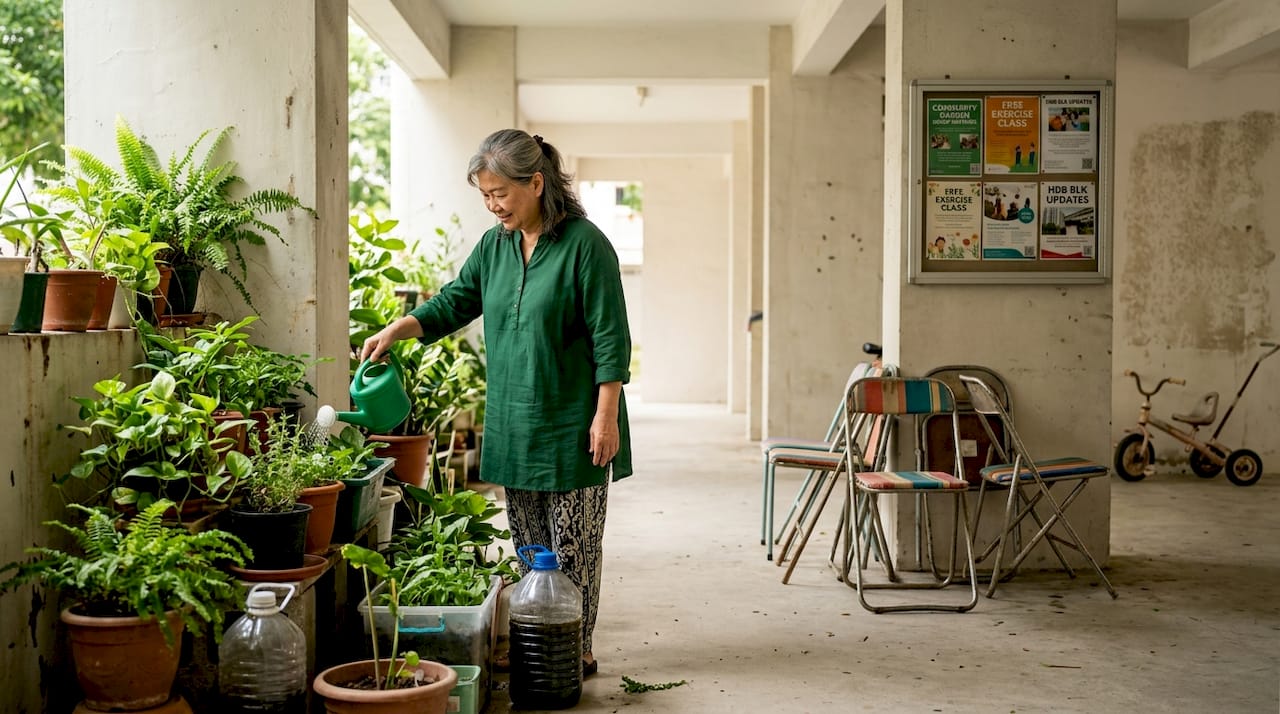 Resident tending plants in Singapore void deck