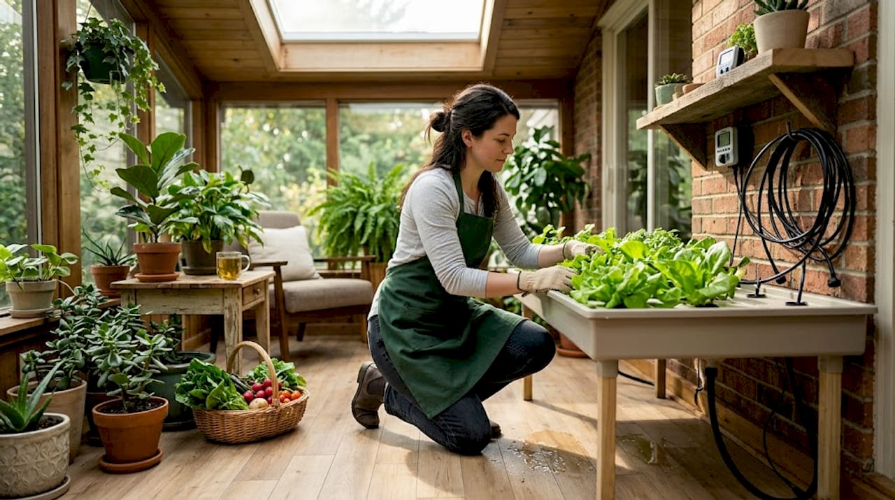 Person tending home hydroponic flood and drain system