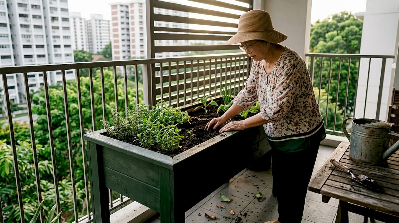 Urban gardener tending soil on HDB balcony