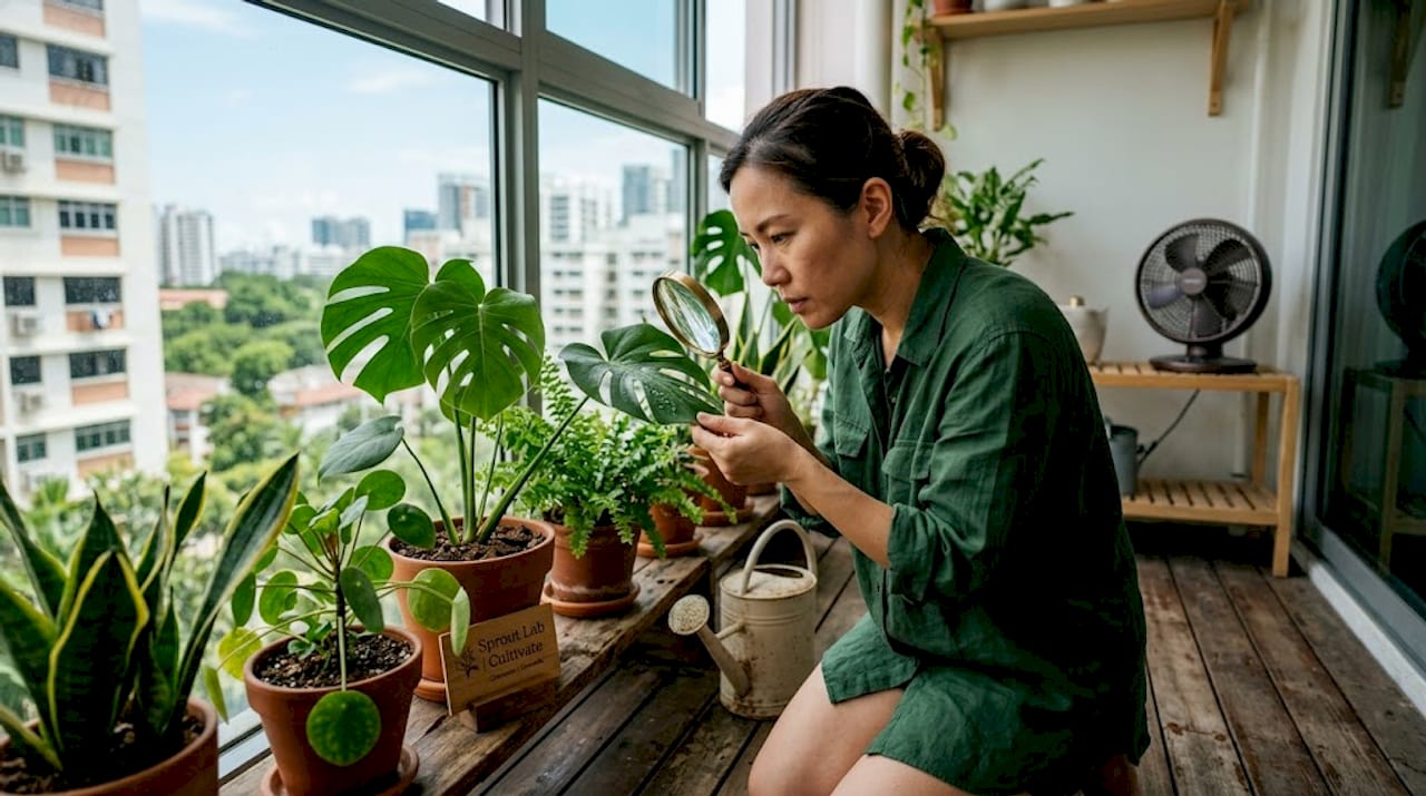 Woman inspecting indoor garden plants for pests