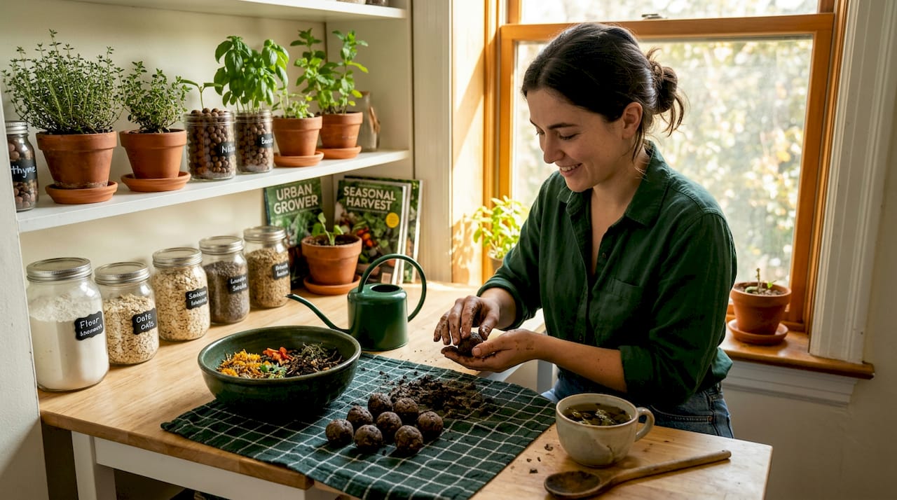 Urban dweller making seed balls at kitchen table