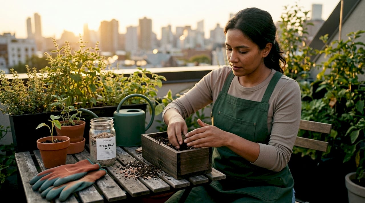 Woman shaping seed balls on balcony garden