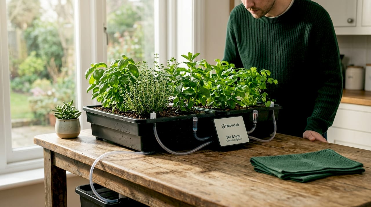 Home hydroponic ebb and flow system with herbs