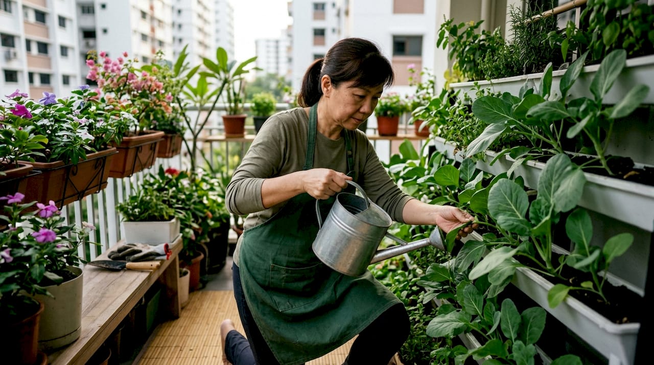 Woman watering kai lan plants on balcony