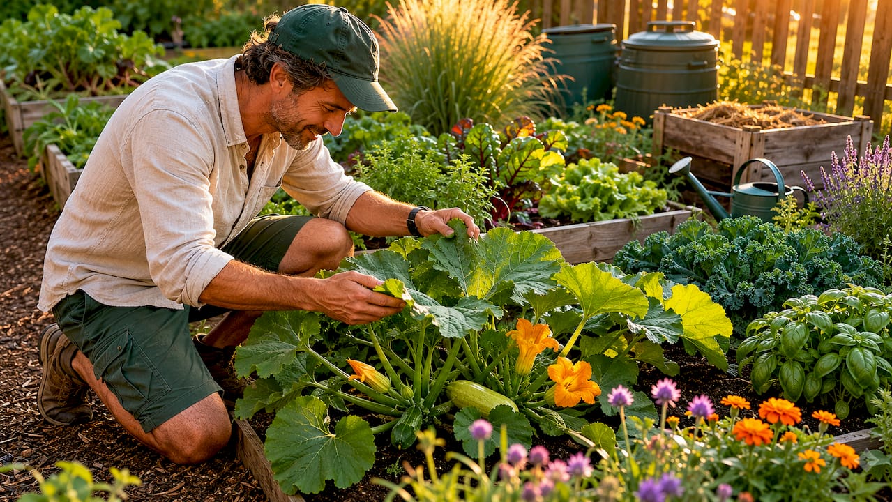 Gardener tending raised bed with compost bins and rainwater barrels