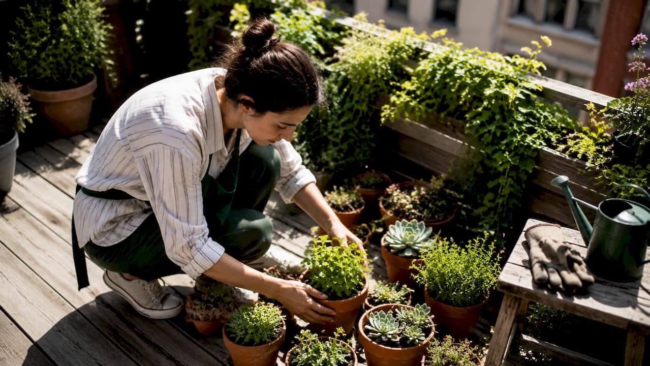 Woman arranging terracotta pots on urban balcony