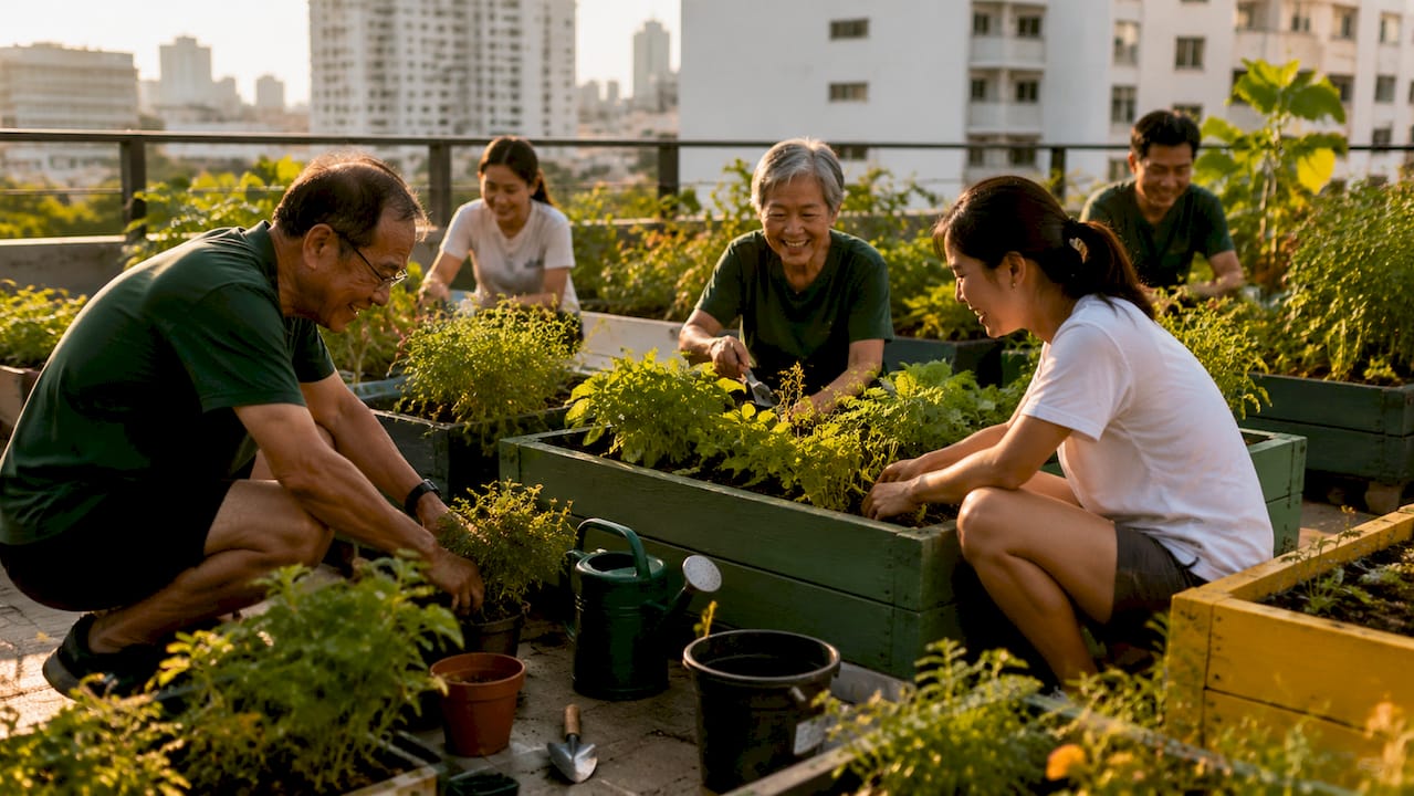 Residents gardening together in Singapore community garden
