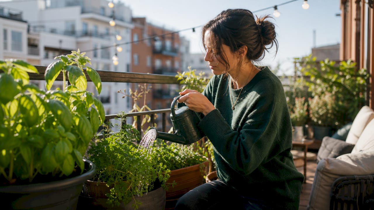 Woman arranging tabletop herb garden in apartment kitchen