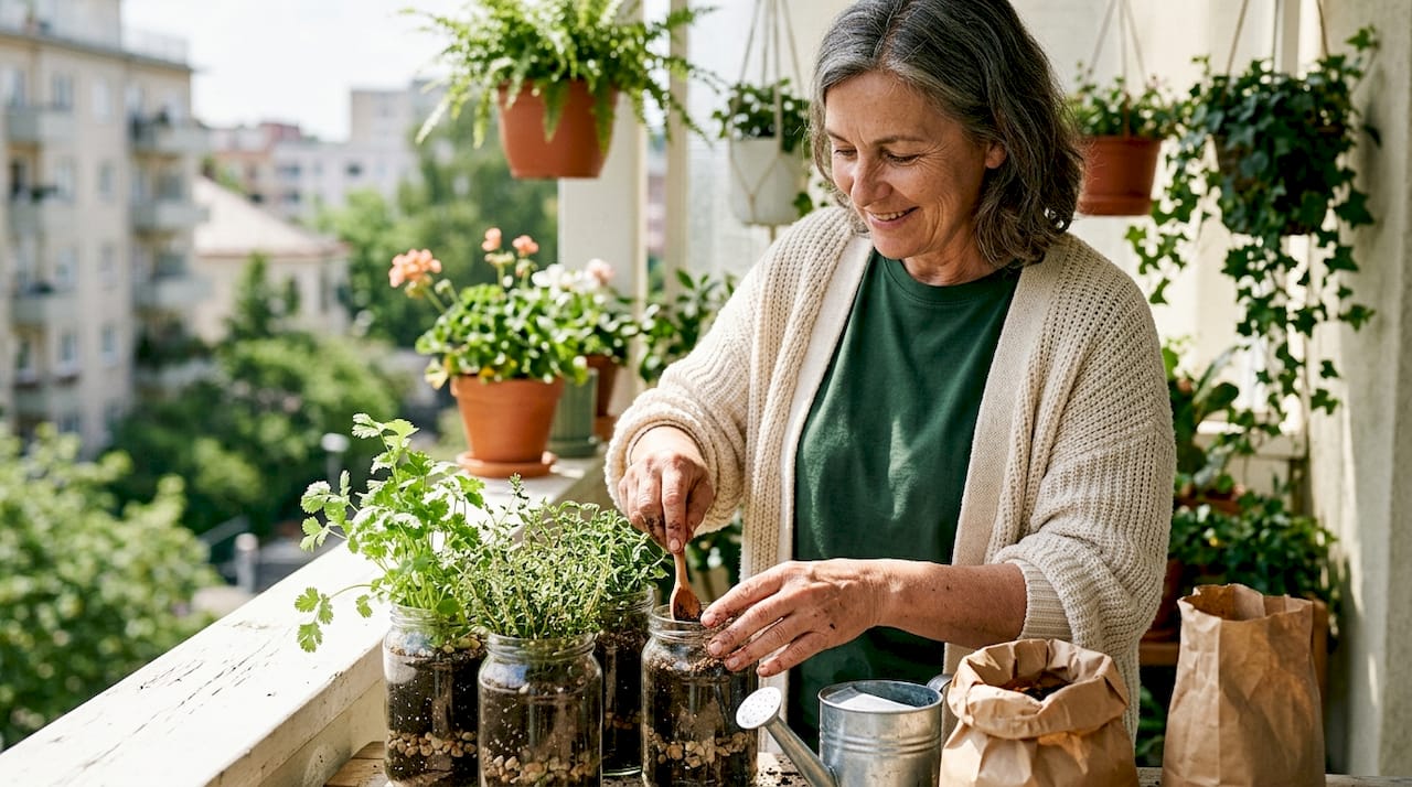 Woman arranging jar garden herbs in kitchen