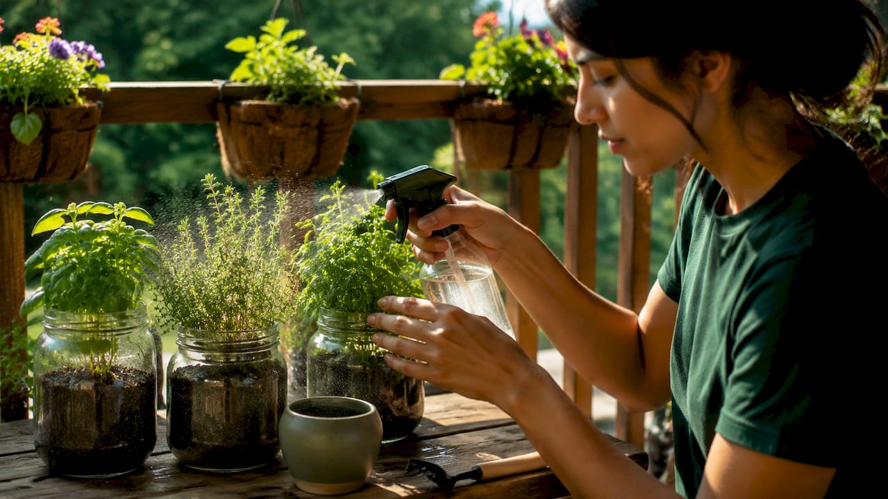 Indoor herb garden in mason jars on kitchen windowsill