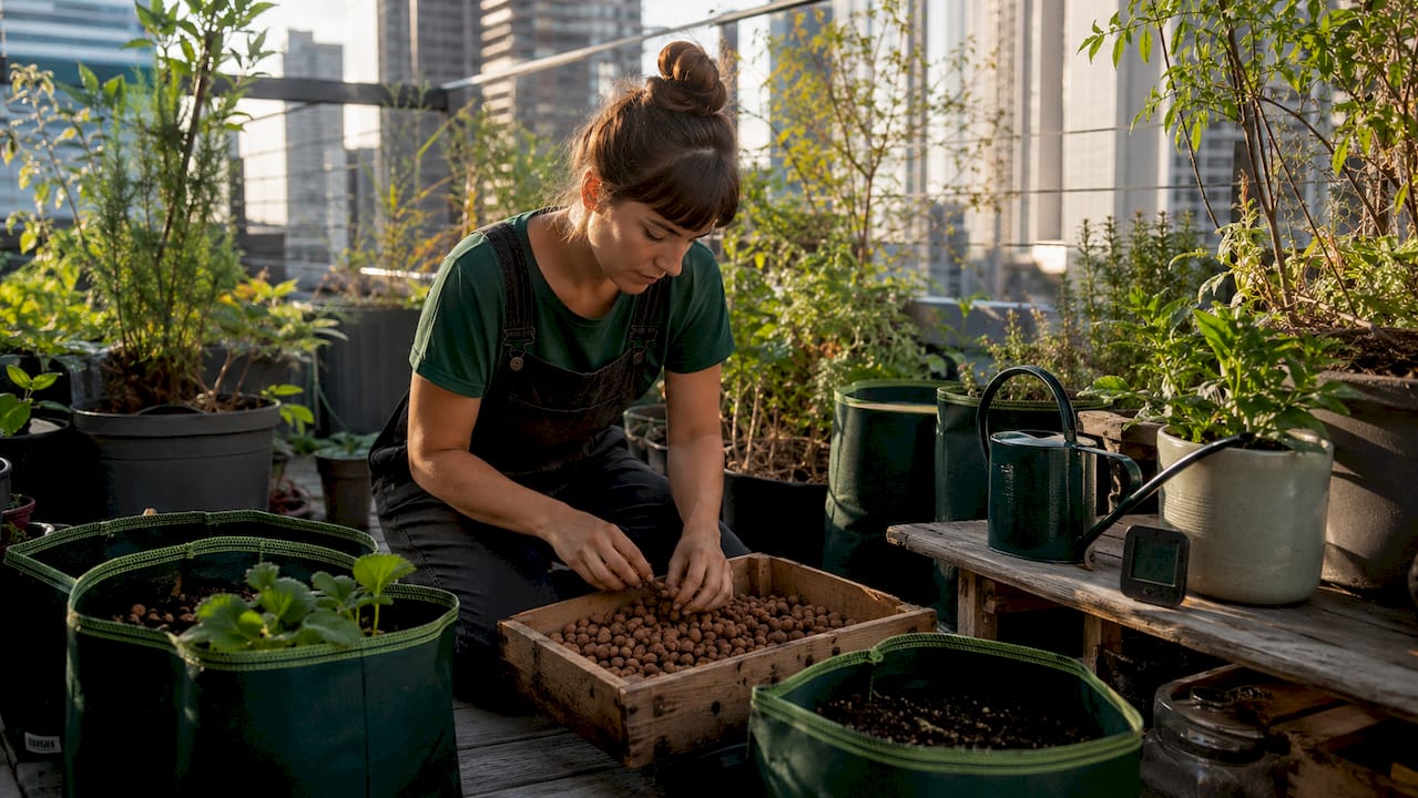 Urban gardener preparing grow balls on balcony
