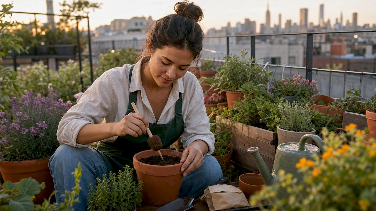 Woman planting garden pop on balcony