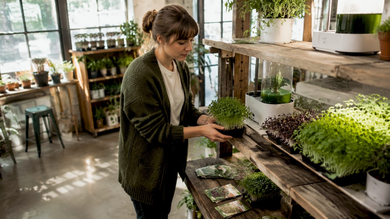 Woman arranging microgreens in urban sprout shop