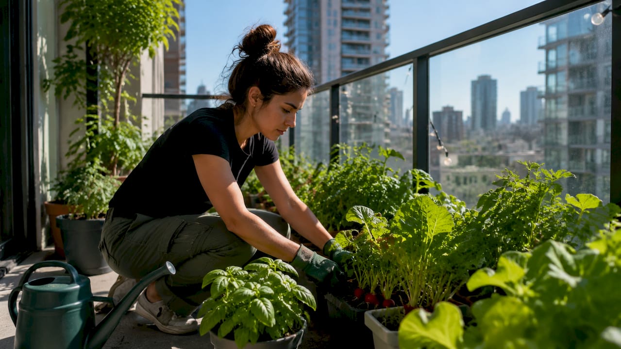 Woman arranging indoor balcony vegetable garden