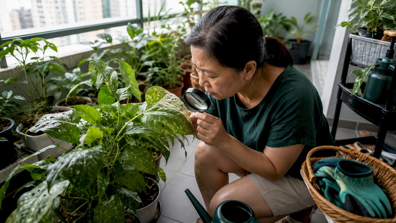 Woman inspecting plant pests with magnifying glass