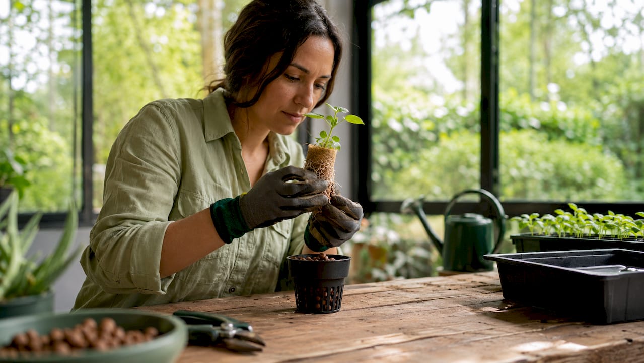 Gardener transplanting seedling into hydroponic system