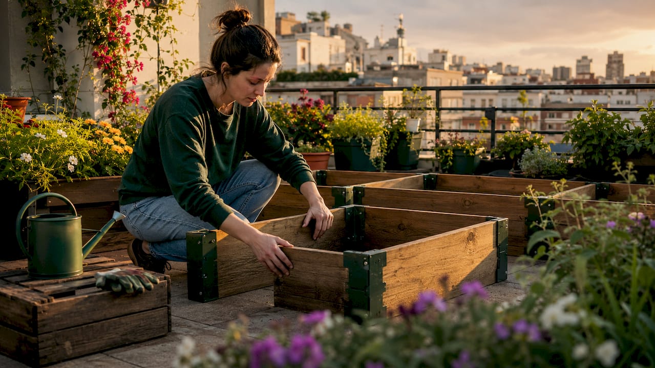 Woman arranging modular garden beds on balcony