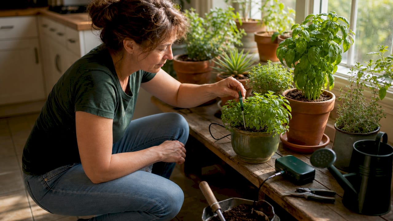 Woman setting soil moisture sensor in indoor garden