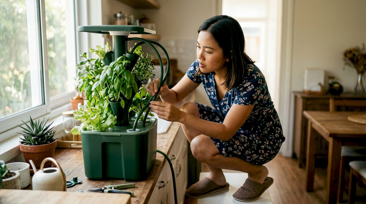Woman setting up hydroponic system on apartment balcony