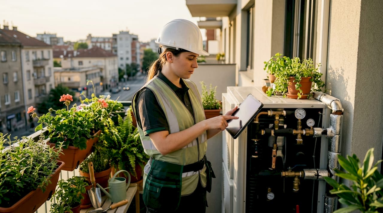 Engineer inspecting chilled-water system on rooftop