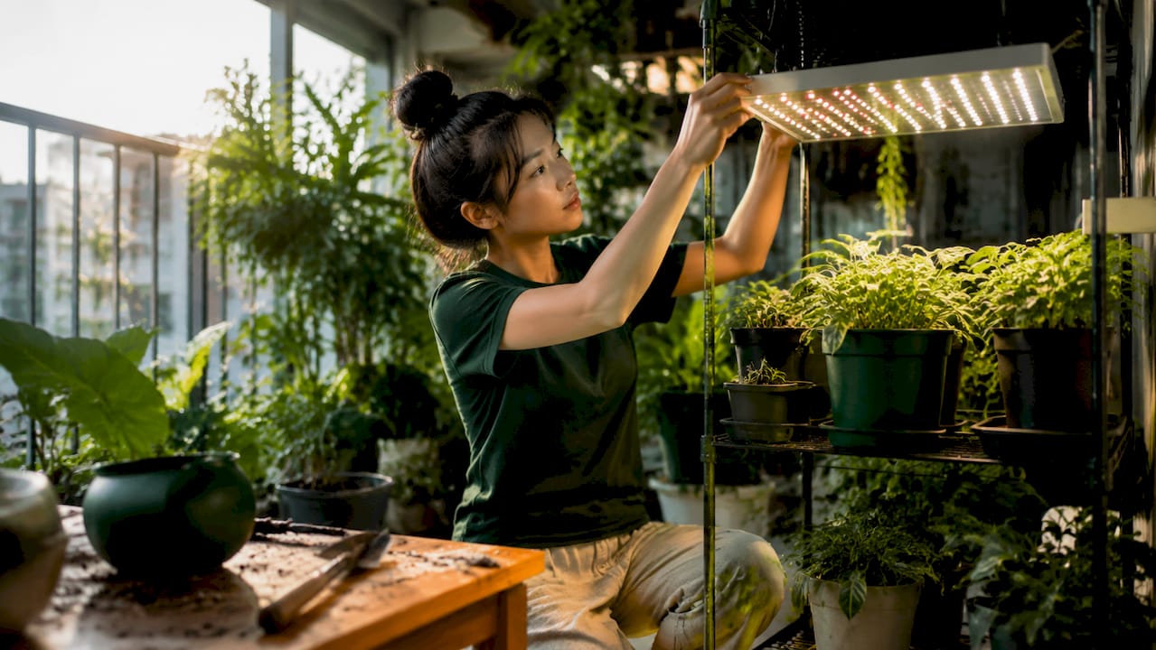 Woman adjusting LED grow lights over indoor plants