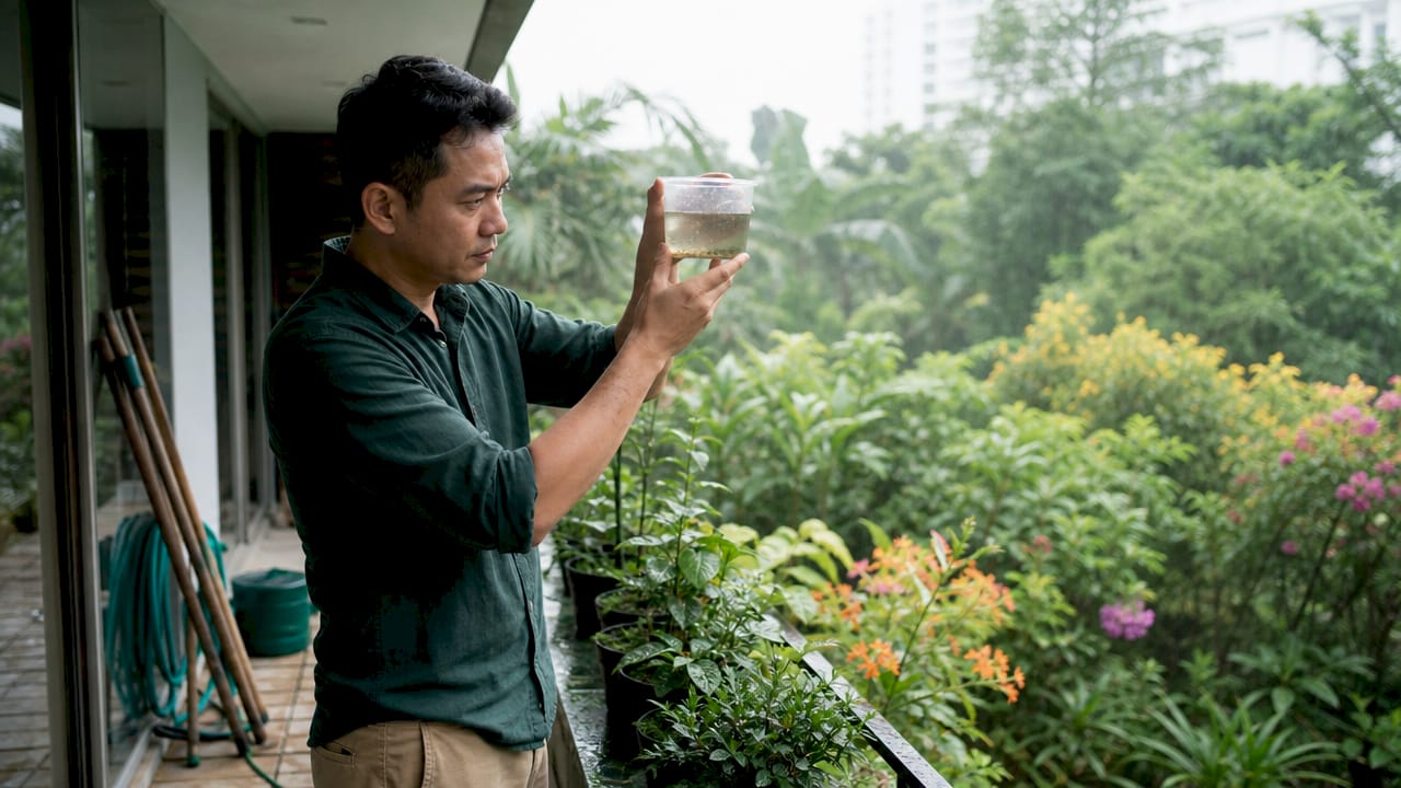 Man inspecting stagnant water for mosquito larvae