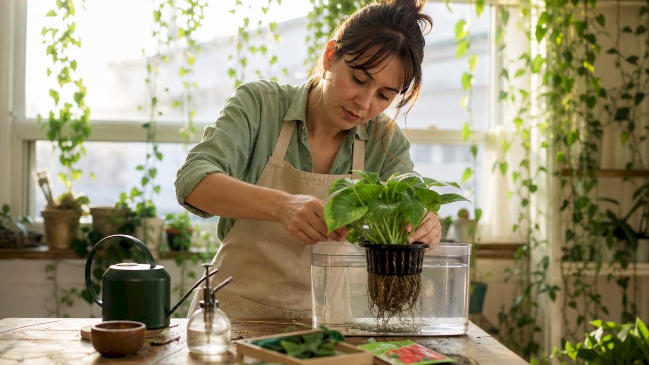 Woman adjusting hydroponic plant over nutrient reservoir