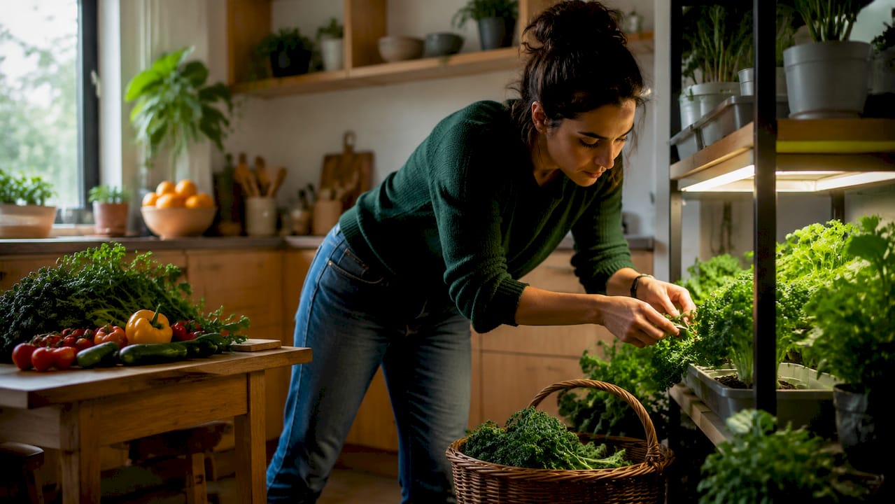 Woman harvesting vegetables indoors in studio apartment