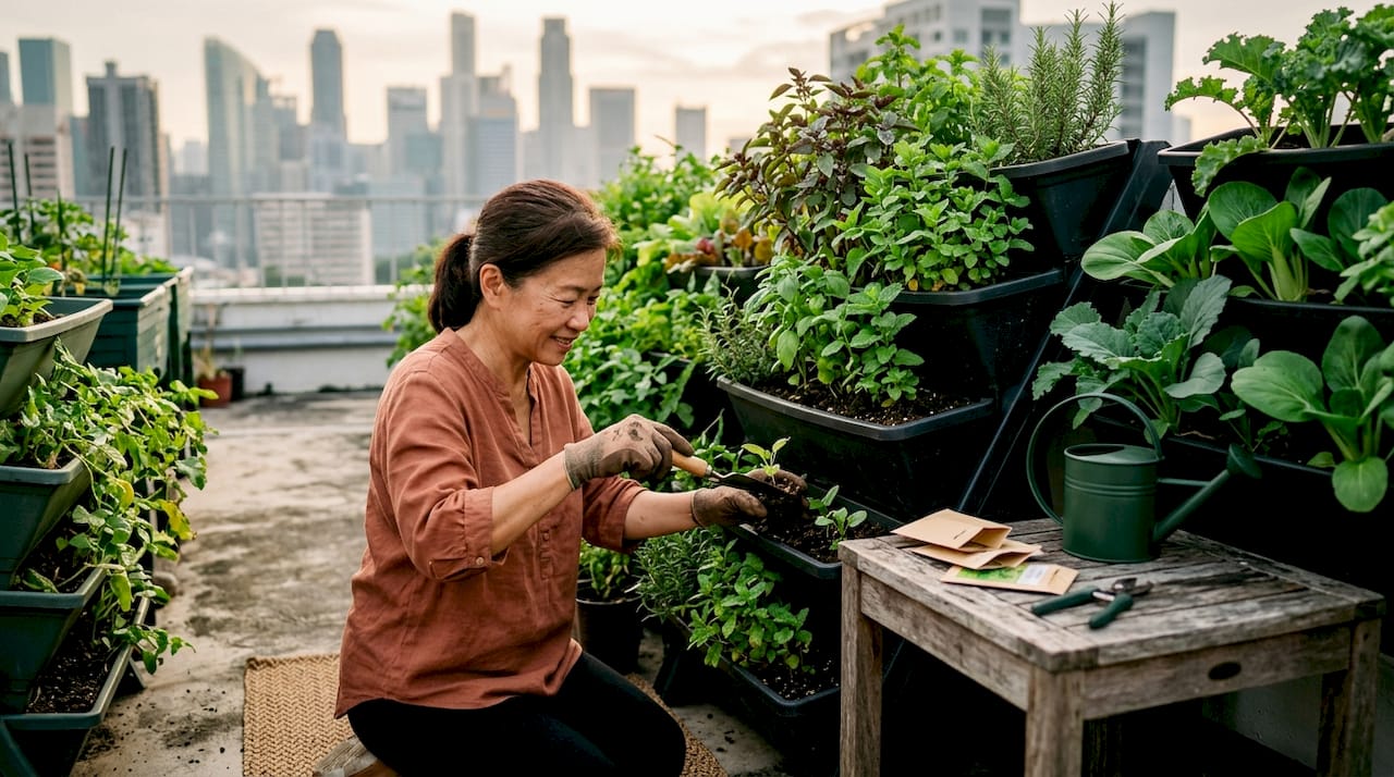 Woman planting in rooftop urban garden Singapore
