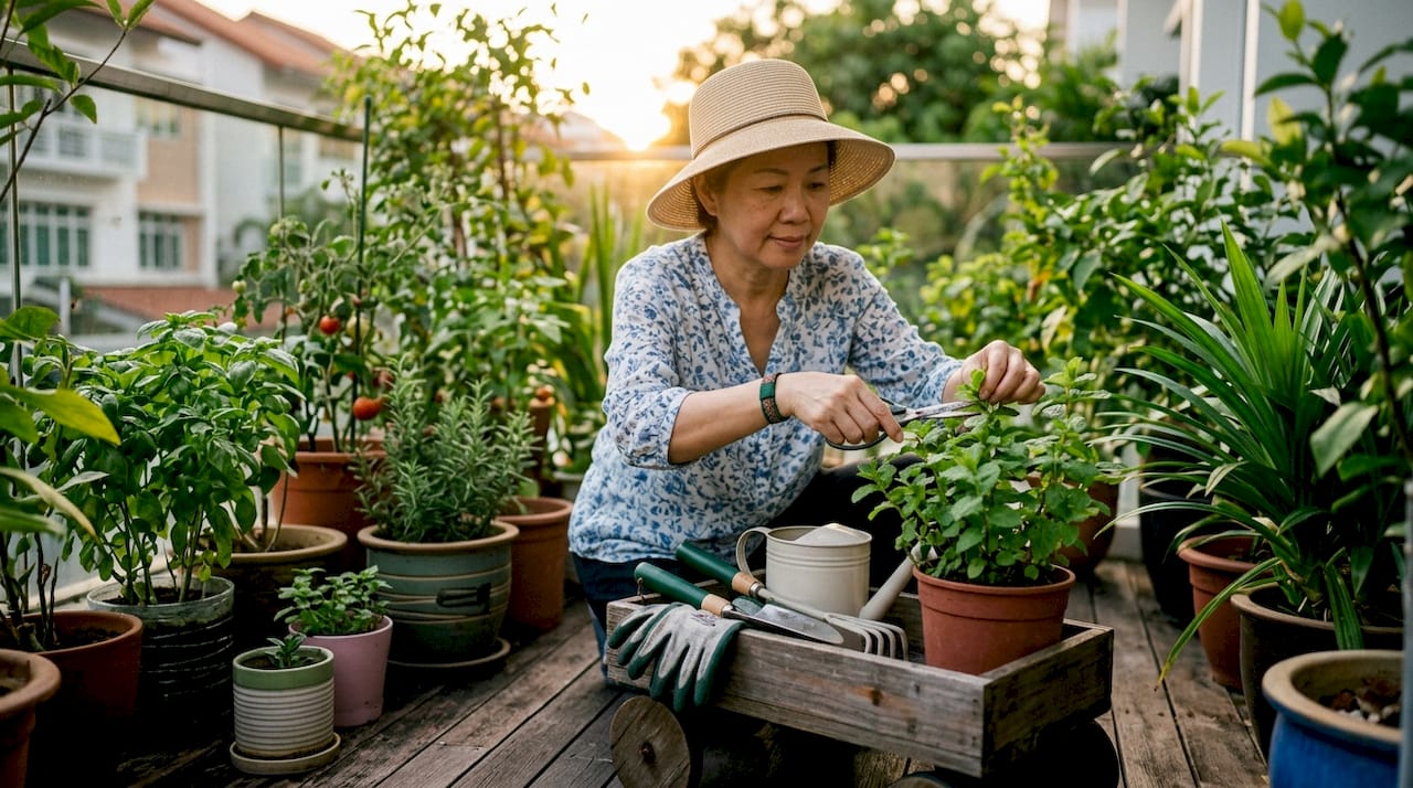 Woman watering plants on Singapore balcony