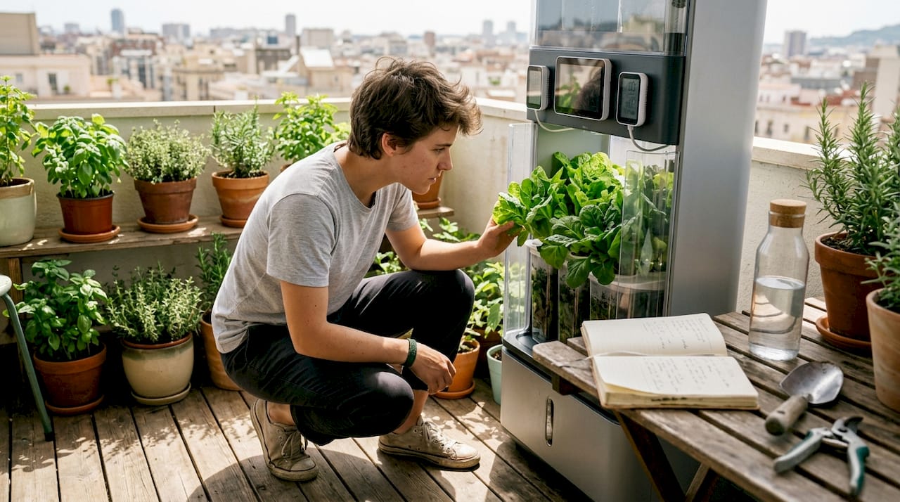 Urban gardener checking automated hydroponic system in apartment