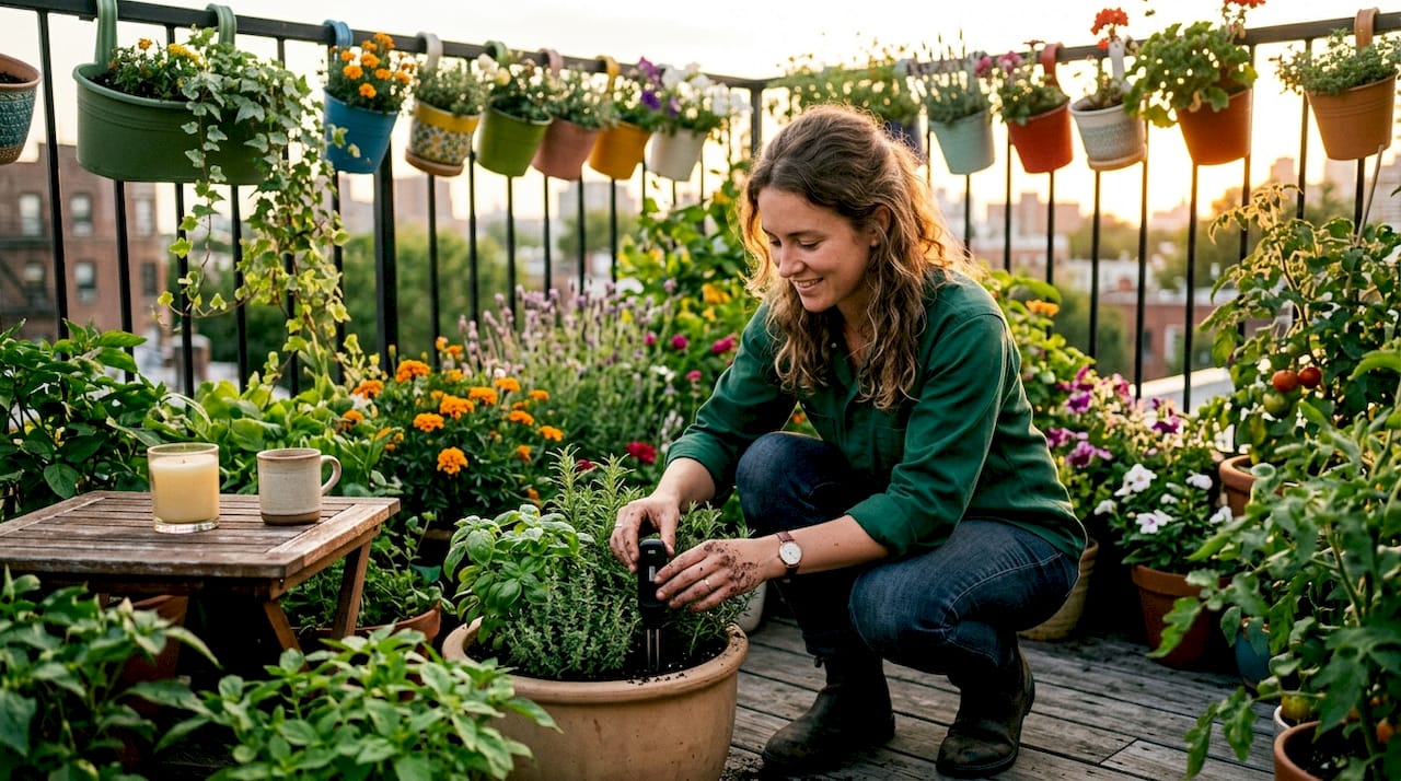 Woman adjusting smart garden sensor on urban balcony