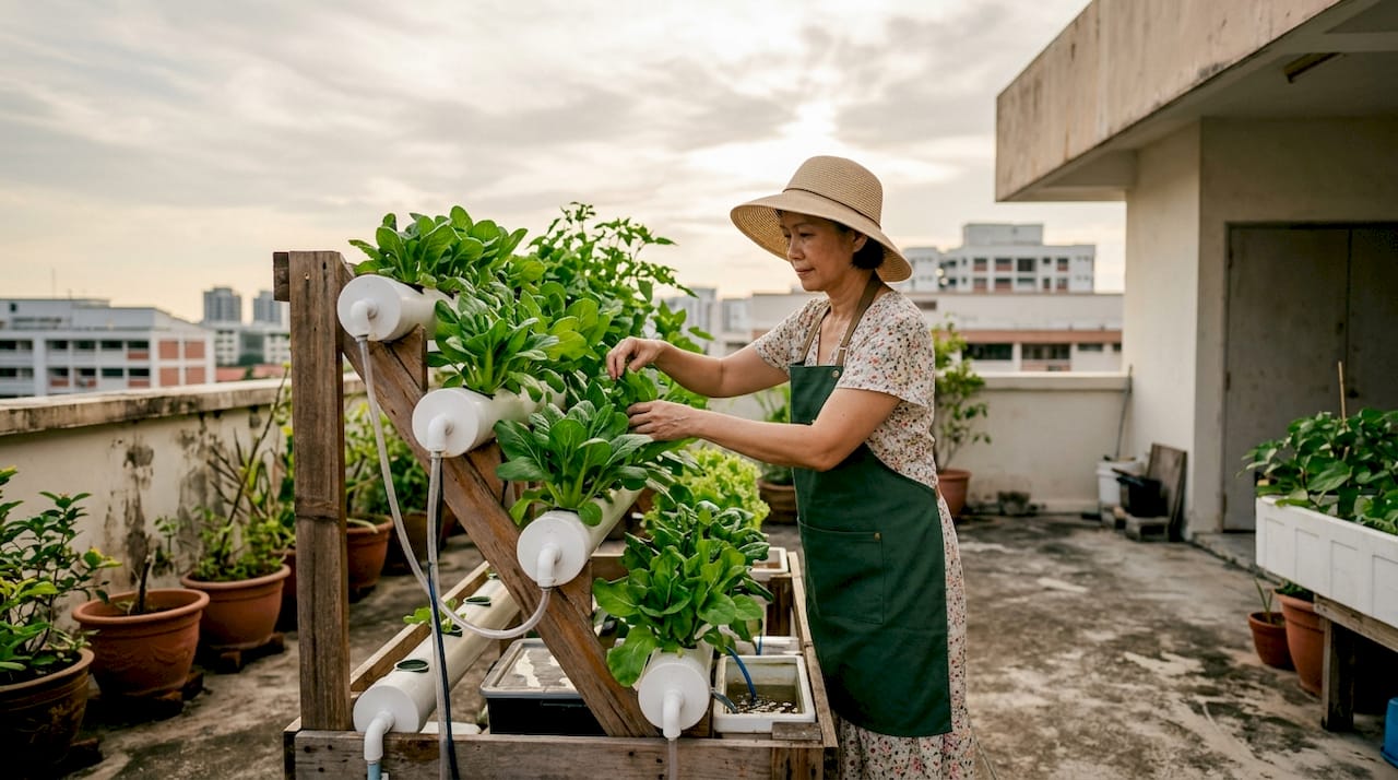 Woman tending hydroponic garden rooftop