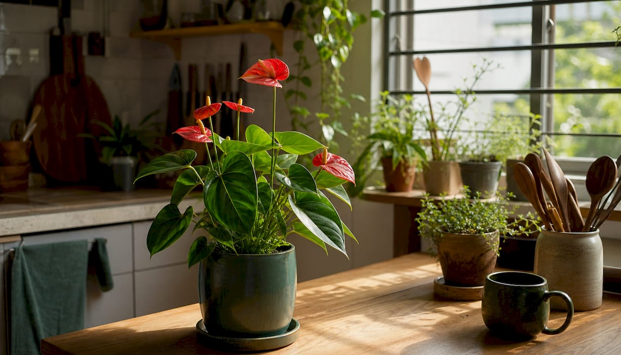Indoor anthurium plant by bright window in living room