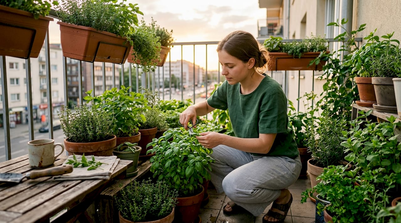 Woman watering herbs on a windowsill