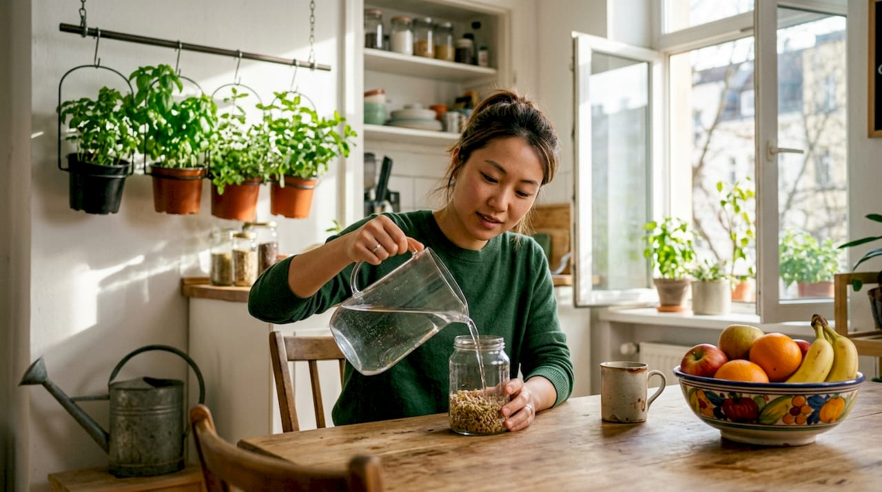 Woman preparing sprout jar in kitchen