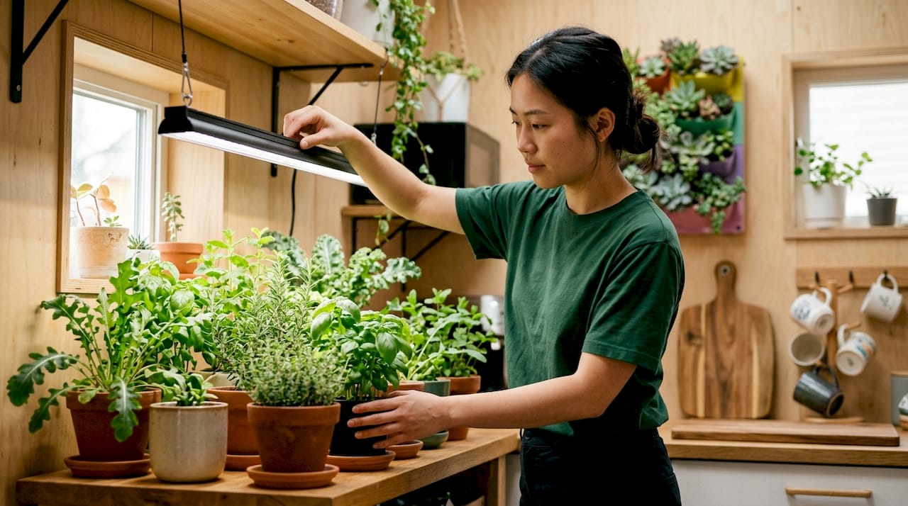 Woman adjusting grow lights over indoor plants