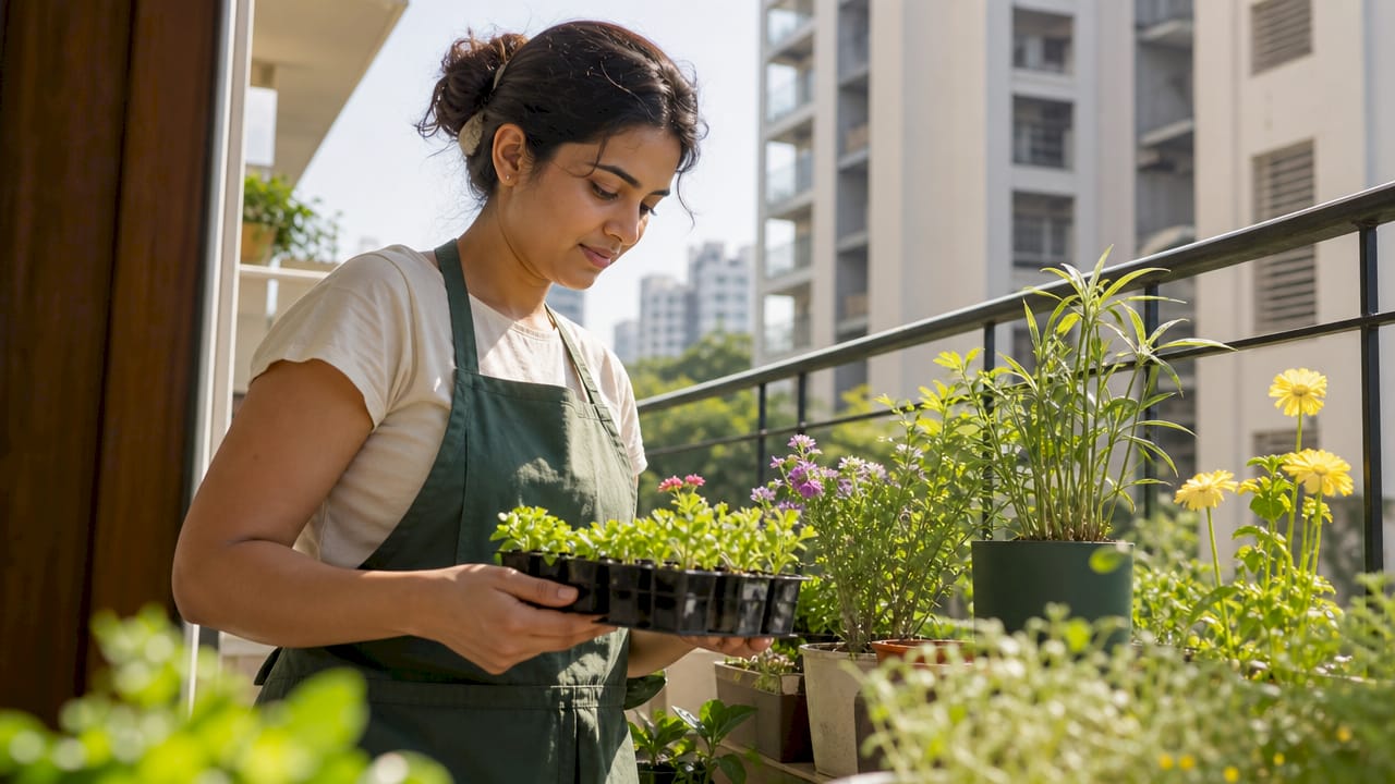 Woman nurturing seedling tray indoors