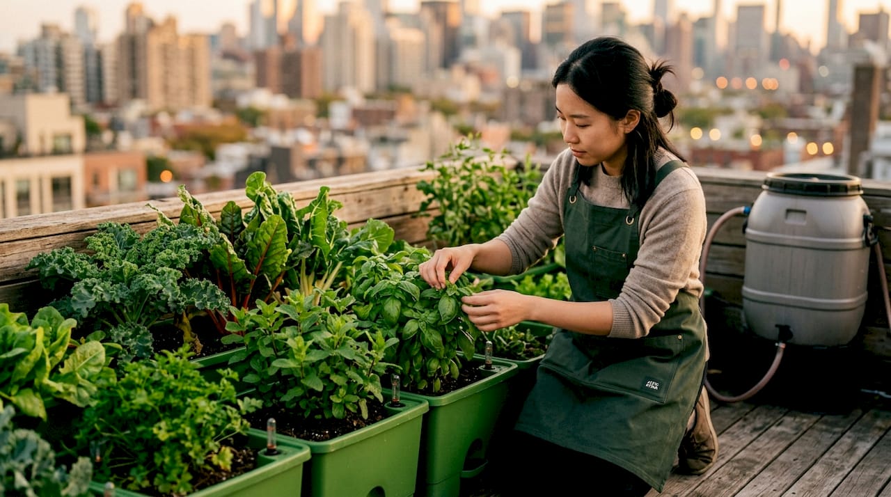 Urban gardener tending compact balcony garden
