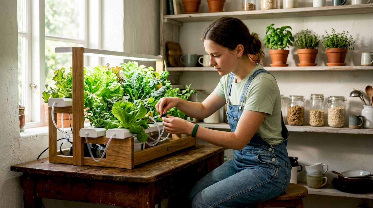 Indoor hydroponic garden with woman adjusting nutrient tubes