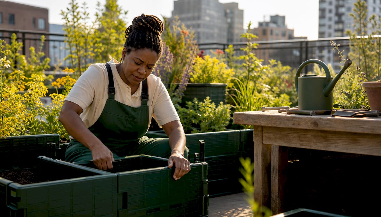 Woman assembling modular planters on rooftop garden