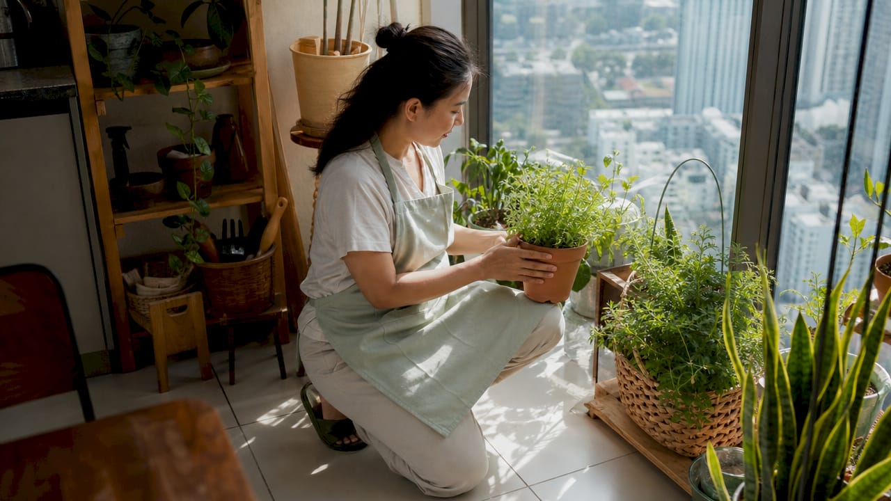 Woman checking moisture in indoor plant pot